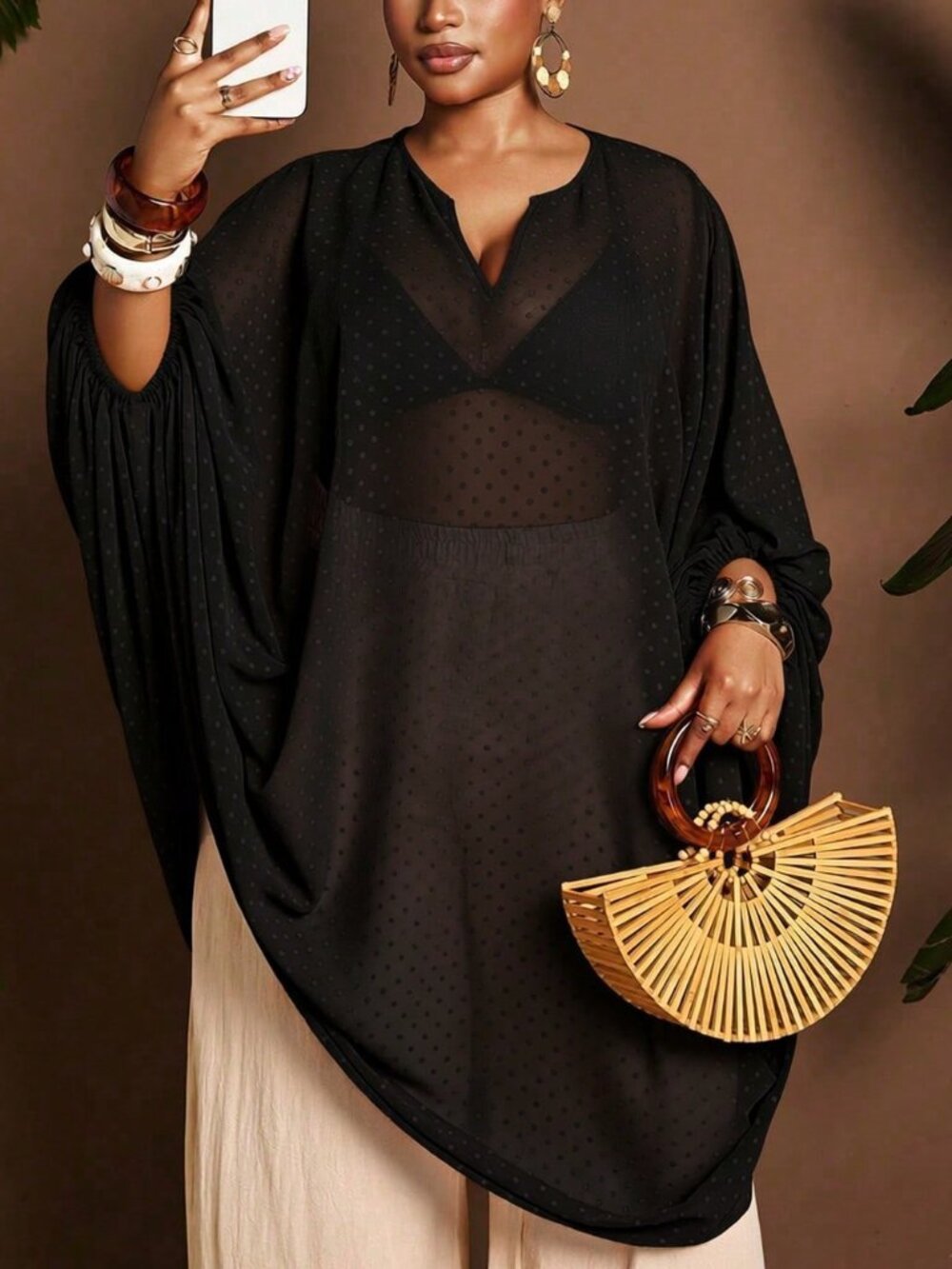 Black Casual Women's Semi-Sheer Loose V-Neck Batwing Sleeve Top